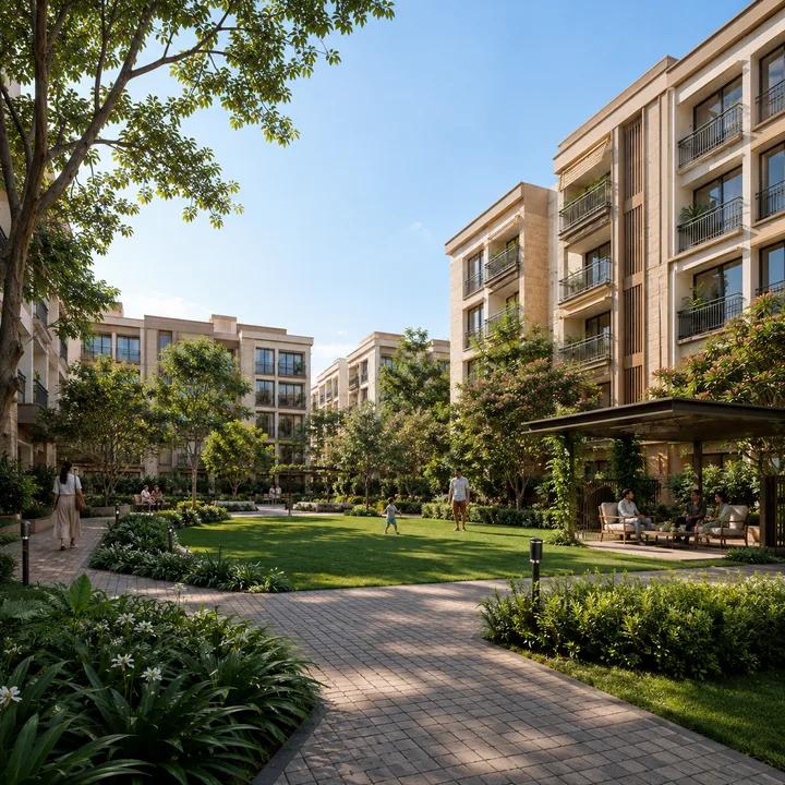 HM @ Yelahanka central landscaped courtyard with lawn framed by the low-rise blocks